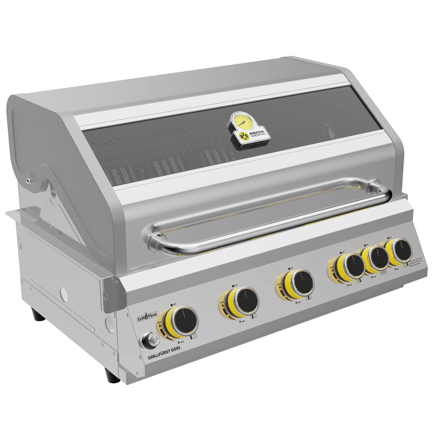 Grillfürst G591E Borussia Dortmund Edition 5-Brenner Einbaugrill Mit Heckbrenner Und Edelstahl Rosten 4 Grillfürst G591E Borussia Dortmund Edition 5-Brenner Einbaugrill Mit Heckbrenner Und Edelstahl Rosten – Bild 2